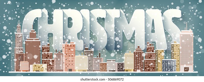 Vector illustration. Winter urban landscape. City with snow. Christmas and new year. Cityscape. Buildings.