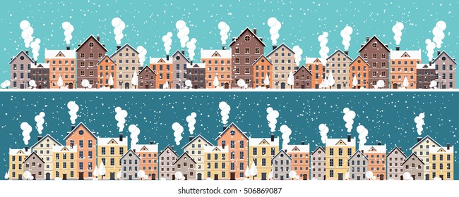 Vector illustration. Winter urban landscape. City with snow. Christmas and new year. Cityscape. Buildings.