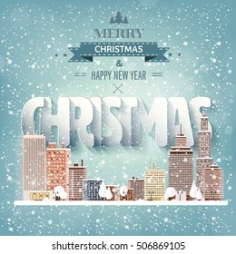 Vector illustration. Winter urban landscape. City with snow. Christmas and new year. Cityscape. Buildings.