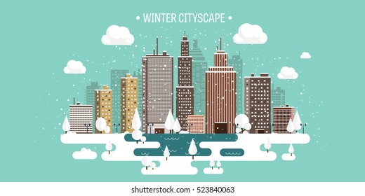Vector illustration. Winter urban landscape. City with snow. Christmas and new year. Cityscape. Buildings.