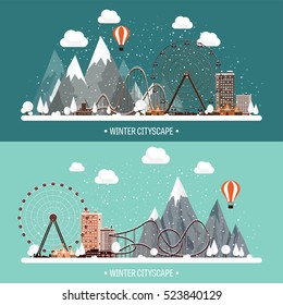 Vector illustration. Winter urban landscape. City with snow. Christmas and new year. Cityscape. Buildings.Mountaines, nature. Ferris wheel, park.