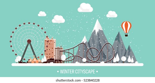 Vector illustration. Winter urban landscape. City with snow. Christmas and new year. Cityscape. Buildings.Mountaines, nature. Ferris wheel, park.