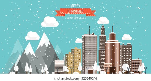 Vector illustration. Winter urban landscape. City with snow. Christmas and new year. Cityscape. Buildings.Mountaines, nature.