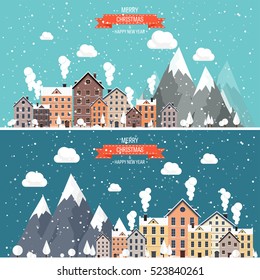 Vector illustration. Winter urban landscape. City with snow. Christmas and new year. Cityscape. Buildings.Mountaines, nature.