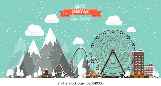 Vector illustration. Winter urban landscape. City with snow. Christmas and new year. Cityscape. Buildings.Mountaines, nature. Ferris wheel, park.