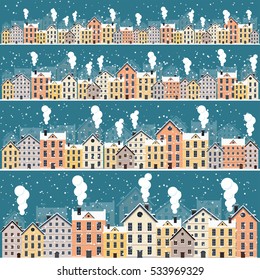Vector illustration. Winter urban landscape. City with snow. Christmas and new year. Cityscape. Buildings.