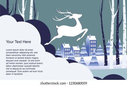 Vector and illustration of winter view with deer running. Origami Christmas and new year celebration in digital paper art style concept