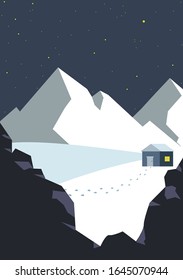 Vector Illustration of Winter View with Mountains and House on Night