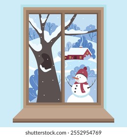 Vector illustration of a winter view from the window. Christmas holidays, winter season. Childish illustrations.