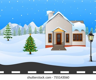 Vector illustration of Winter village background with snow covered house and mountains