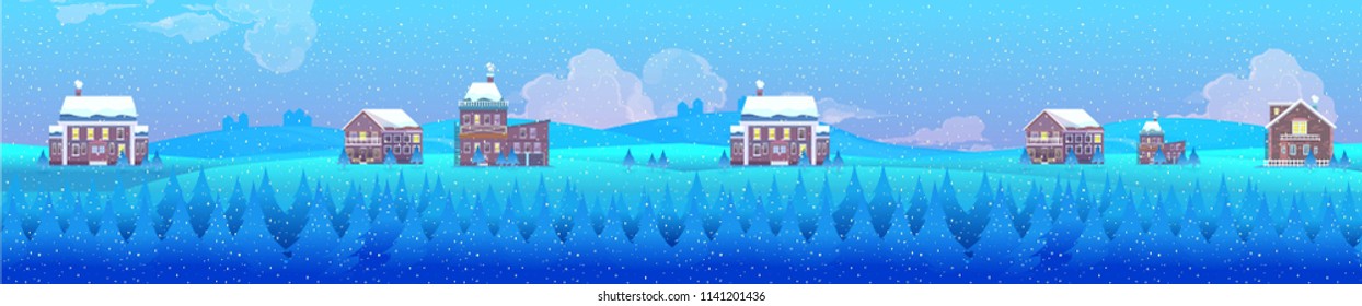 Vector illustration of a winter village landscape, horizontal background for your design.