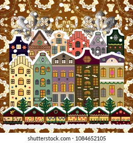 Vector illustration. Winter village night Christmas background.