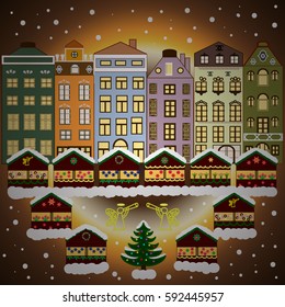 Vector illustration. Winter village night Christmas background.