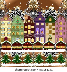Vector illustration. Winter village night Christmas background.