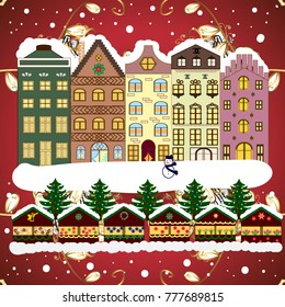 Vector illustration. Winter village night Christmas background.