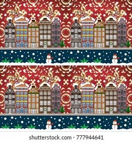 Vector illustration. Winter village night Christmas background.