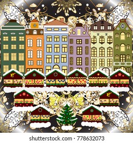 Vector illustration. Winter village night Christmas background.