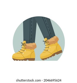 Ilustración vectorial de zapatos cálidos de invierno en los pies. Ropa de invierno.