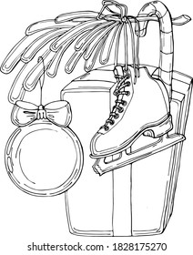 vector illustration winter weekend,holidays,ice skating,fir tree branch with a toy,gift