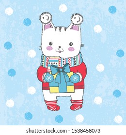 Vector illustration of winter white cat with scarf, pom pons on his ears, present with bow in his hands, warm jacket, blue mittens, cute cartoon Christmas greeting card on scratched grunge background