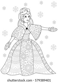 Vector illustration winter woman in zentangle and ethcnic style. Tattoo, coloring page, t-shirt, card, poster, print design. Black and white lines. Lace pattern rodent girl, joy, modern, snow
