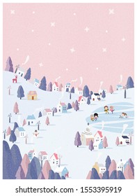 vector illustration of winter wonderland in pink pastel background.The cute small village in Christmas day with snow.Kids playing iced skating with snowman and snowball.Minimal winter landscape.