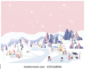 vector illustration of winter wonderland in pink pastel background.The cute small village in Christmas day with snow.Kids playing iced skating with snowman and snowball.Minimal winter landscape.