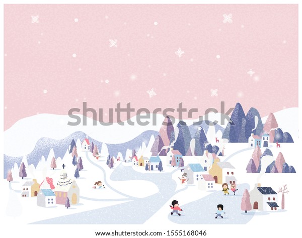 ピンクのパステル背景に冬のワンダーランドのベクターイラスト クリスマスの日に雪が降るかわいい小さな村 子どもたちは雪だるまと雪玉でアイススケートをしている 最小限の冬の風景 のベクター画像素材 ロイヤリティフリー