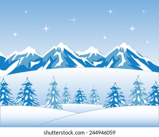 Vector illustration winter wood and mountain tops