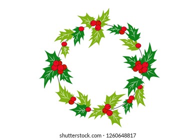 Vector illustration of winter wreath with green leaves and red berries. Greeting card, label, gift tag, celebration background.Christmas wreath. Bunch of berries.  Winter holidays pattern. 