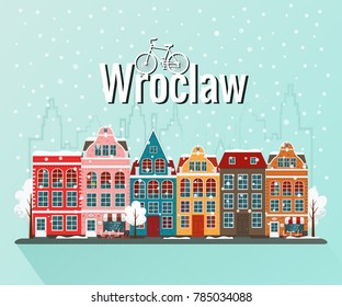 Vector illustration of winter Wroclaw. Old european city.