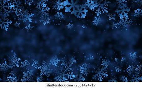 Vector illustration of a winter-themed background with blue snowflakes on a dark, atmospheric backdrop.