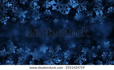 Vector illustration of a winter-themed background with blue snowflakes on a dark, atmospheric backdrop.