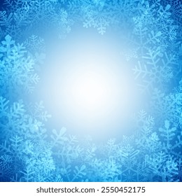 Vector illustration of a winter-themed design featuring intricate blue snowflakes forming a frame around a glowing center.