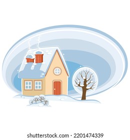 Vector illustration, wintertime, landscape with house, tree and snowdrifts, cartoon, flat