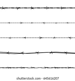 Vector illustration wire barb fence  background isolated on white. Protection concept design. Barbed wire silhouettes