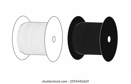 Vector illustration of a wire spool in outline and silhouette style. Ideal for industrial, electrical, cable, manufacturing, and construction-related designs