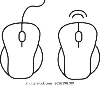 Vector Illustration of Wired and Wireless Computer Mouse Outline Icon Representing Technology and Connectivity Devices