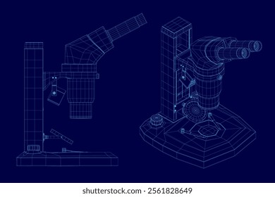 Vector illustration wireframe 3d set microscope science lab magnify tool. Isometric, side view