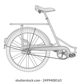 Ilustración vectorial de la estructura de alambre de la parte posterior de una bicicleta a partir de líneas negras aisladas sobre un fondo blanco. Vista lateral. 3D.