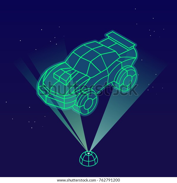 Vector illustration of\
wireframe car hologram on the dark blue background, looks like\
computer games in 80\'s