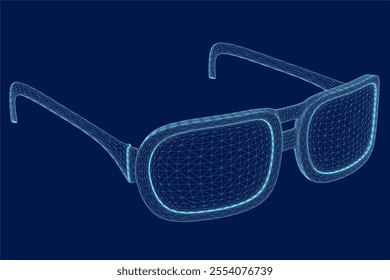 Vector illustration of wireframe hipster glasses isolated on blue background. 3D