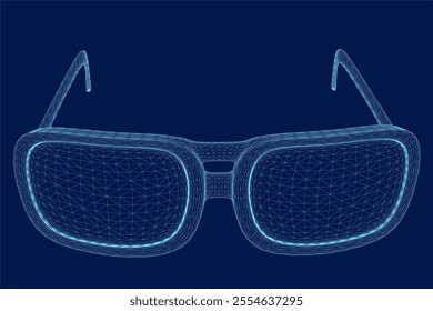 Vector illustration of wireframe hipster glasses isolated on blue background. 3D. Front view