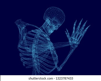 Vector illustration of wireframe human skeleton that prays. Blue polygonal human skeleton. 3D. Vector illustration.