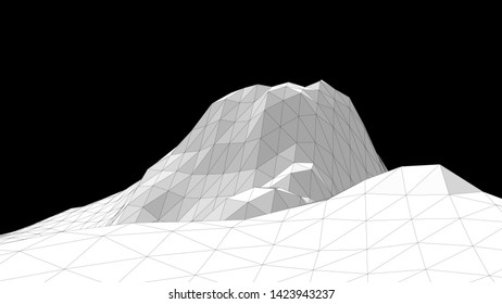 Vector illustration of a wireframe landscape on a black background. Abstract mountain in low polygonal style. Triangular surface.