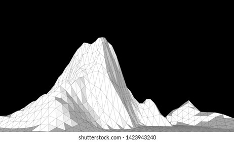 Vector illustration of a wireframe landscape on a black background. Abstract mountain in low polygonal style. Triangular surface.