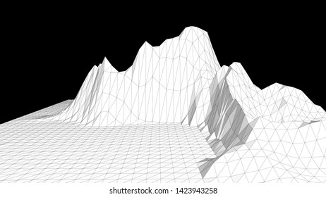 Vector illustration of a wireframe landscape on a black background. Abstract mountain in low polygonal style. Triangular surface.