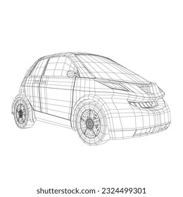 Vector illustration of wireframe small car. City car blueprint. Blank compact car template for branding or advertising. Food delivery car. 3D.