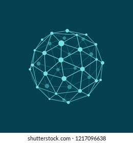 
Vector illustration of wireframe sphere on dark blue background. Abstract geometric polygonal object with lines and dots connected. Plane colors 
