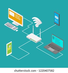 vector illustration of wireless device technology, routers, smart phones, laptops, computers. isometric design